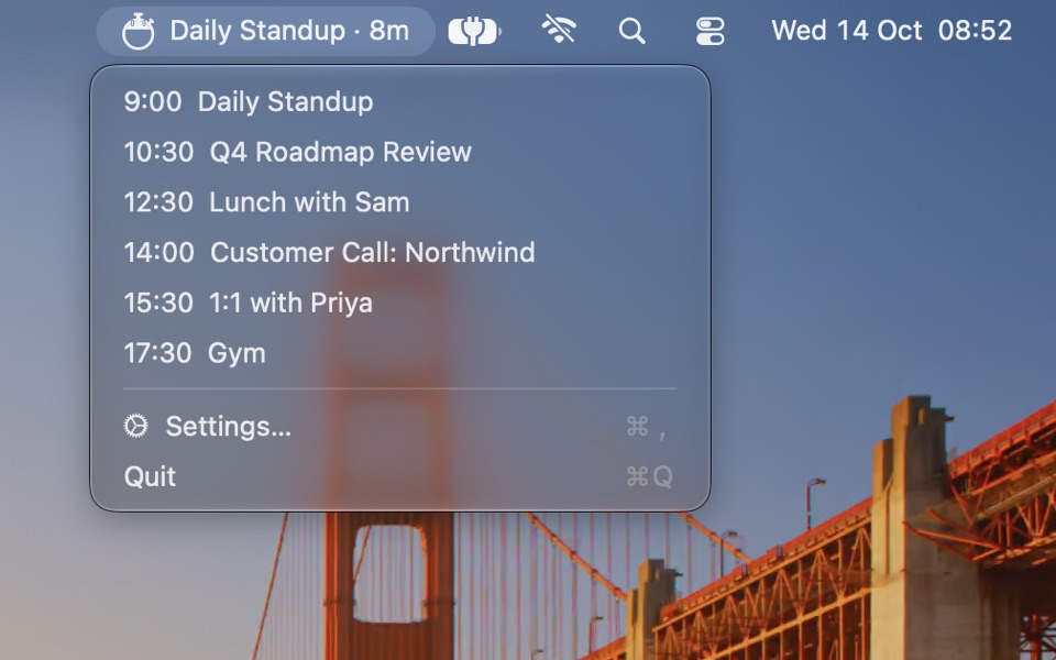 The Mac menu bar showing Daily Standup · 8m, open to a list of today's meetings from 9:00 Daily Standup to 17:30 Gym.